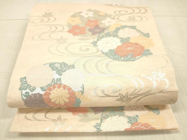 平和屋着物＊夏物　六通柄袋帯　流水草花文　銀糸　正絹　逸品　DAAX0328cm