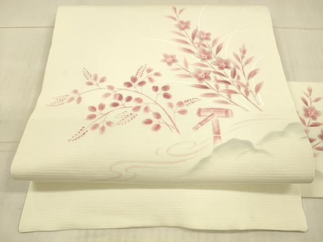 平和屋着物＊夏物　九寸名古屋帯　手描き　流水草花文　銀彩　正絹　逸品　DAAX0466cm