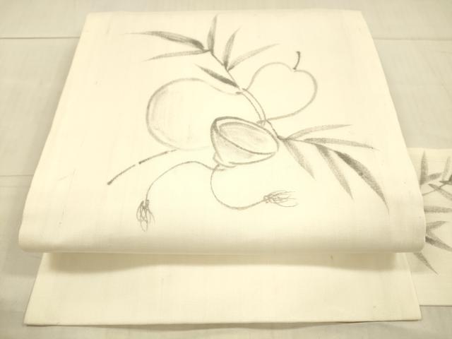 平和屋着物＊夏物　九寸名古屋帯　手描き　瓢箪草葉文　麻　逸品　DAAX0493cm