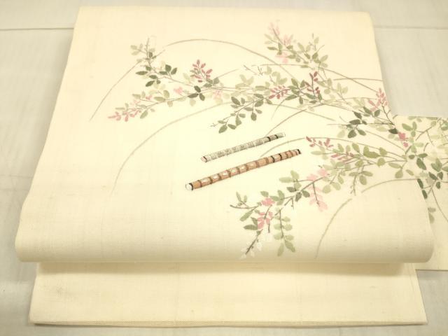 平和屋着物＊夏物　九寸名古屋帯　手描き　横笛草葉文　麻　逸品　DAAX0494cm