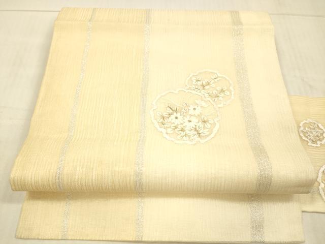 平和屋着物＊夏物　九寸名古屋帯　総刺繍　雪輪草花文　金銀糸　正絹　逸品　DAAX0516cm 平和屋着物＊夏物 九寸名古屋帯 総刺繍 雪輪草花文 金銀糸 正絹 逸品