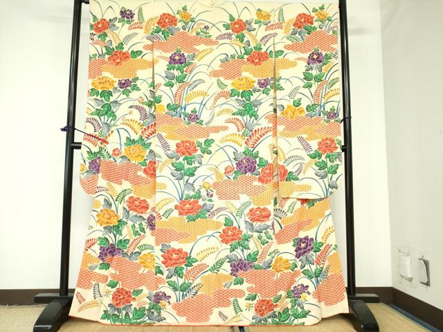 平和屋着物●豪華振袖　型染　牡丹　鬼しぼ縮緬　正絹　逸品　DAAX1240op