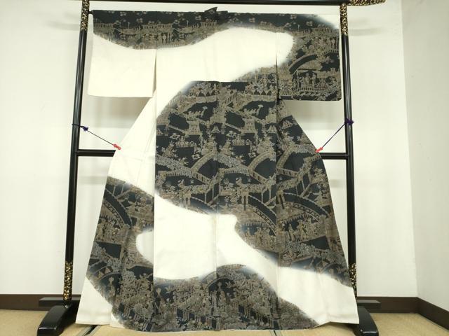 平和屋着物●訪問着　紬地　エジプト壁画文様　暈し染め　金彩　正絹　逸品　DAAX1486op