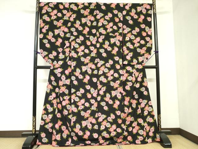 平和屋着物●小振袖　二尺袖　菊　黒地　洗える着物　DAAX1559op