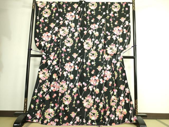平和屋着物●小振袖　二尺袖　枝垂れ花文　黒地　洗える着物　DAAX1938op