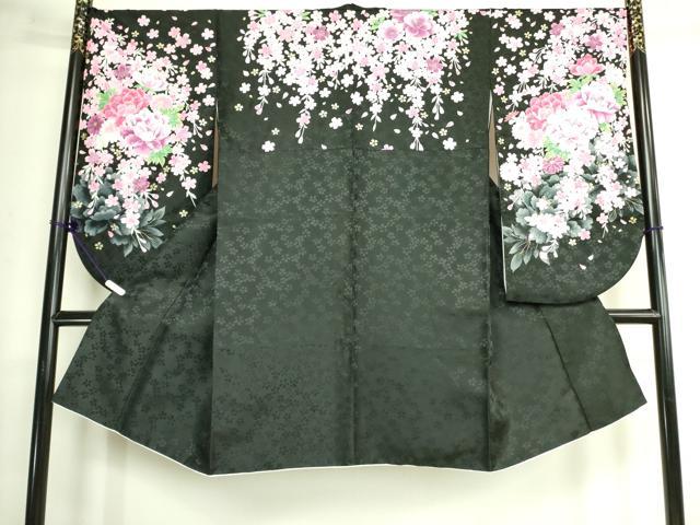 平和屋着物●小振袖　二尺袖　枝垂れ桜　牡丹　黒地　金彩　DAAX1960op