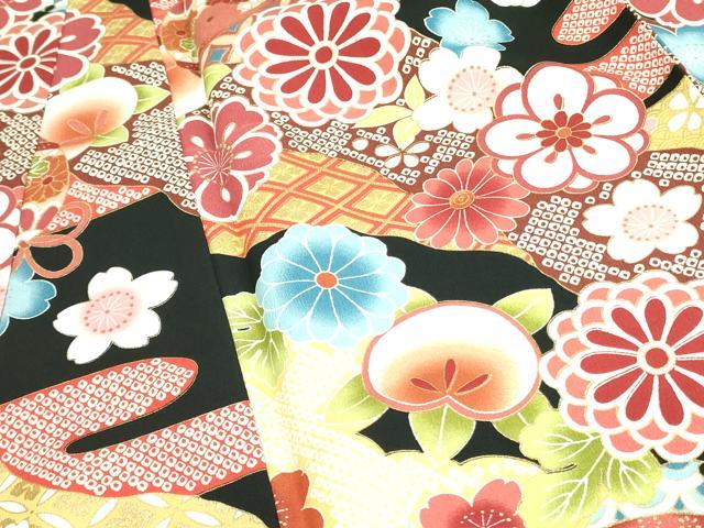 平和屋着物○小振袖 二尺袖 道長花鞠文 橘 黒地 金彩