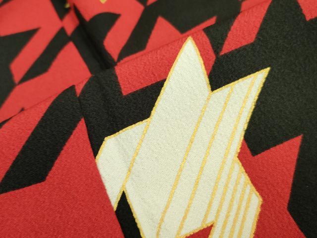 平和屋着物○小振袖 二尺袖 千鳥格子 黒地 金彩 洗える着物