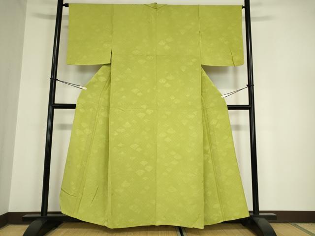 平和屋着物●上質な色無地　扇面草花地紋　淡黄色　正絹　逸品　未使用　AABH7787cs 平和屋着物▽上質な色無地 単衣 扇面花地紋 苗色 正絹 逸品 DAAX3123az