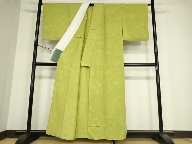 平和屋着物●上質な色無地　扇面草花地紋　淡黄色　正絹　逸品　未使用　AABH7787cs 平和屋着物▽上質な色無地 単衣 扇面花地紋 苗色 正絹 逸品 DAAX3123az