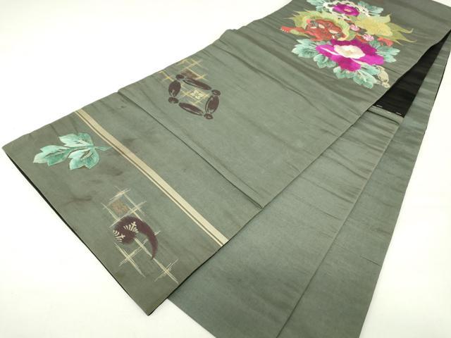 平和屋着物○アンティーク 大正ロマン 両面 京袋帯 刺繍 獅子に牡丹