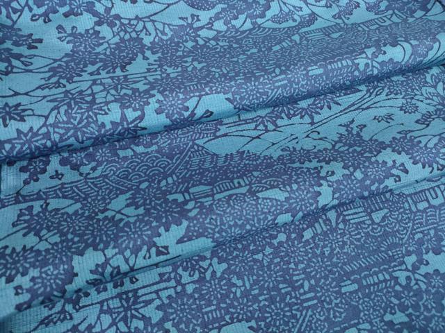 平和屋着物●本藍　型絵染　小紋　紬地　風景花文　正絹　逸品　DAAX3784az