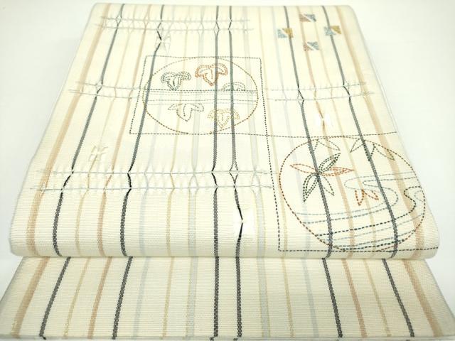 平和屋着物●太鼓柄袋帯　刺し子　刺繍　もじり織　流水花丸文　金糸　正絹　逸品　DAAX4019ps