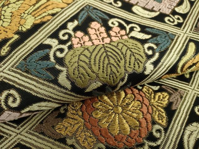 平和屋着物○六通柄 本袋帯 唐織 天井鳳凰花文 黒地 金糸