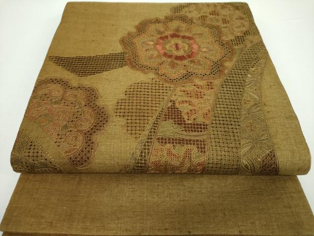 平和屋着物●中国三大刺繍　スワトウ相良刺繍　汕頭相良刺繍　総刺繍　太鼓柄袋帯　紬地　正倉院花文　正絹　逸品　未使用　DAAX4039ps