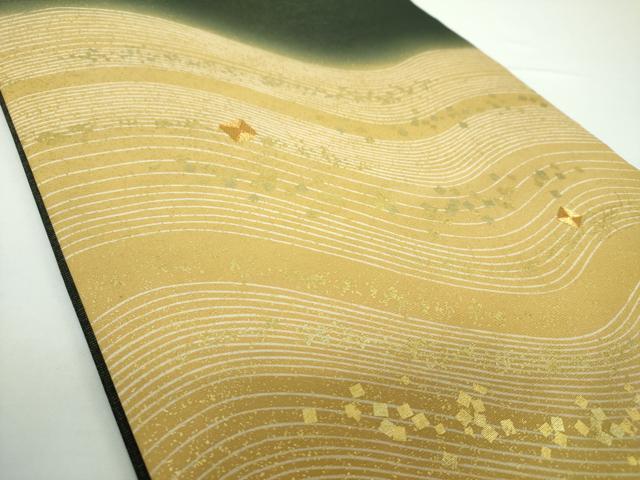 平和屋着物●九寸開き名古屋帯　駒刺繍　箔散らし　金彩　金通し地　正絹　逸品　DAAX4046ps 平和屋着物○九寸開き名古屋帯 駒刺繍 箔散らし 金彩 金通し地 正絹