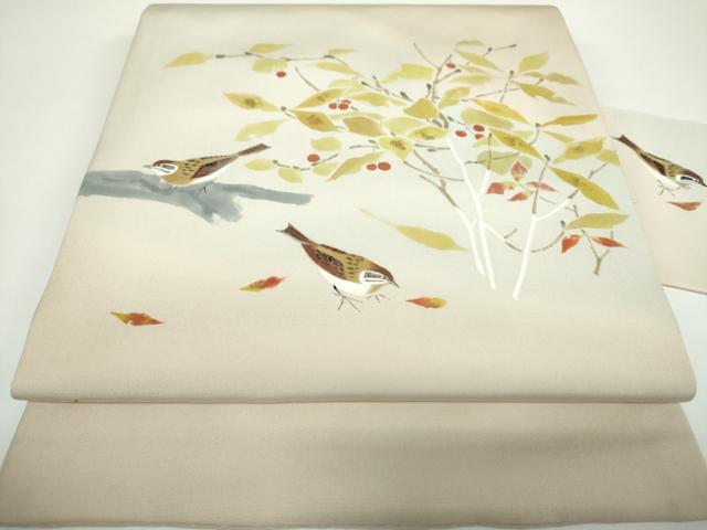 平和屋着物●塩瀬　九寸名古屋帯　作家物　手描き　雀　南天文　金彩　正絹　逸品　DAAX4047ps