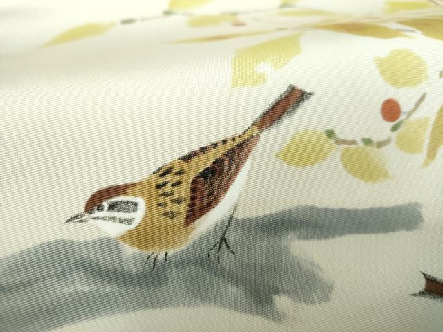 平和屋着物○塩瀬 九寸名古屋帯 作家物 手描き 雀 南天文 金彩