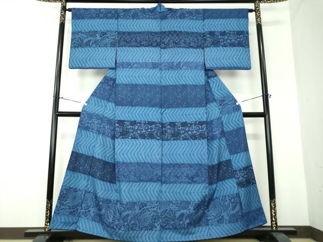 平和屋着物●訪問着　紬地　藍　型染　鳳凰花文　正絹　逸品　DAAX4076ps