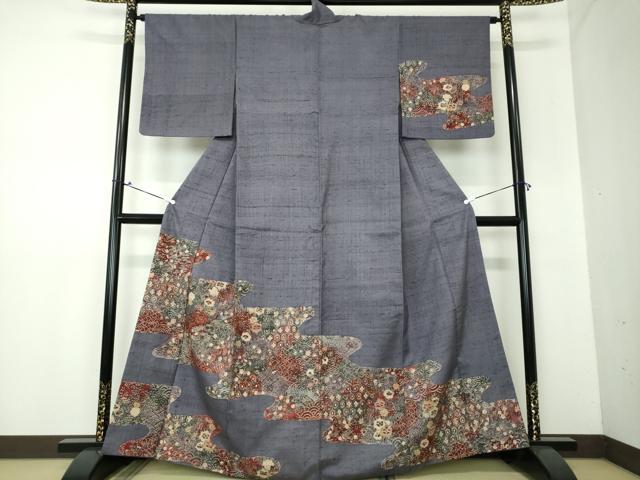 平和屋着物●生紬　訪問着　型染　道長花文　正絹　逸品　DAAX4088ps