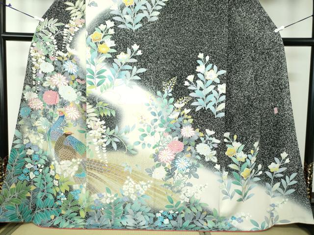 平和屋着物○極上 手描友禅 奥田秀水 訪問着 孔雀花文 黒地