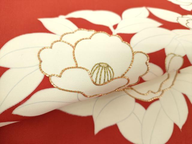 平和屋着物○塩瀬 九寸名古屋帯 駒刺繍 草花文 金彩 正絹 逸品