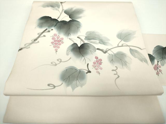 平和屋着物●塩瀬　九寸名古屋帯　手描き　葡萄蔦の葉文　正絹　逸品　DAAX4218ps