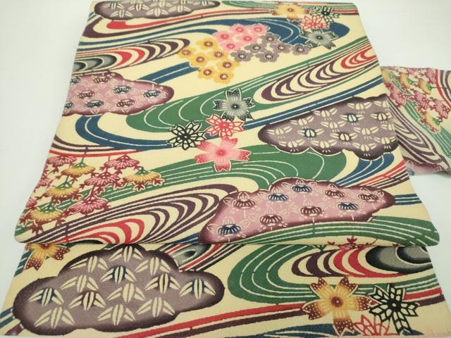 平和屋着物●本場琉球紅型　九寸名古屋帯　流水花文　正絹　逸品　DAAX4227ps