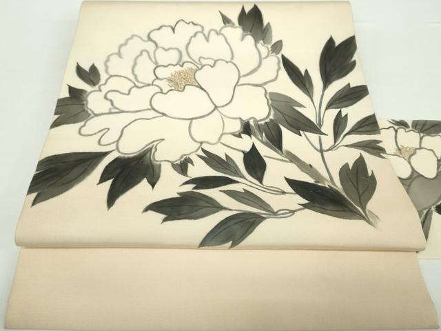平和屋着物●塩瀬　九寸名古屋帯　作家物　手描き　牡丹文　正絹　逸品　DAAX4231ps