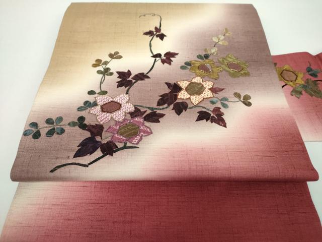 平和屋着物●九寸名古屋帯　紬地　刺繍　和紙　花唐草文　金糸　正絹　逸品　未使用　DAAX4245ps