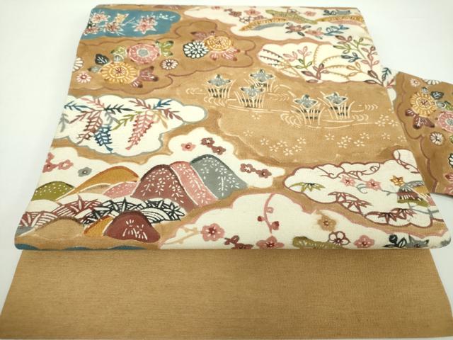 平和屋着物●九寸名古屋帯　ちりめん紬　型染　雲取り吉祥花文　正絹　逸品　DAAX4332ps
