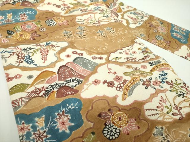 平和屋着物○九寸名古屋帯 ちりめん紬 型染 雲取り吉祥花