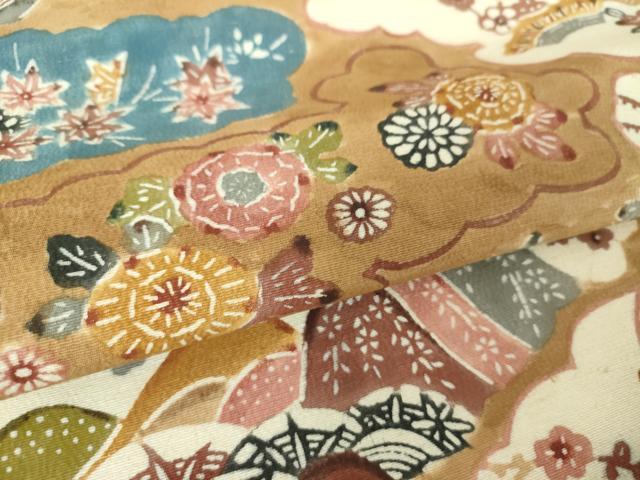 平和屋着物●九寸名古屋帯　ちりめん紬　型染　雲取り吉祥花文　正絹　逸品　DAAX4332ps 平和屋着物○九寸名古屋帯 ちりめん紬 型染 雲取り吉祥花