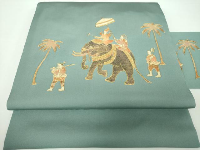 平和屋着物●塩瀬　九寸名古屋帯　象　人物風景　金彩　正絹　逸品　DAAX4334ps