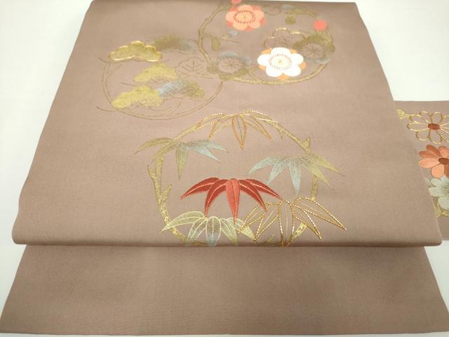 平和屋着物●塩瀬　九寸名古屋帯　駒刺繍　松竹梅　金銀彩　正絹　逸品　DAAX4338ps