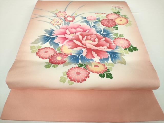 平和屋着物●塩瀬　九寸開き名古屋帯　友禅　草花文　正絹　逸品　DAAX4339ps