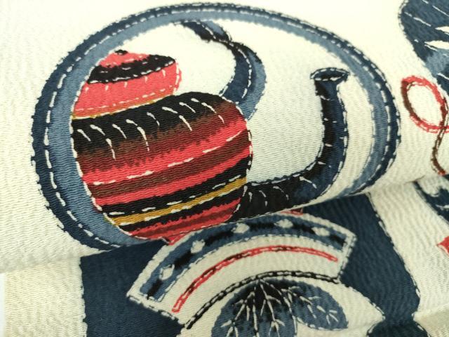 平和屋着物○全通柄京袋帯 型染 藍 成り物 人物七宝