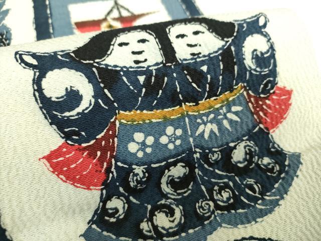 平和屋着物○全通柄京袋帯 型染 藍 成り物 人物七宝