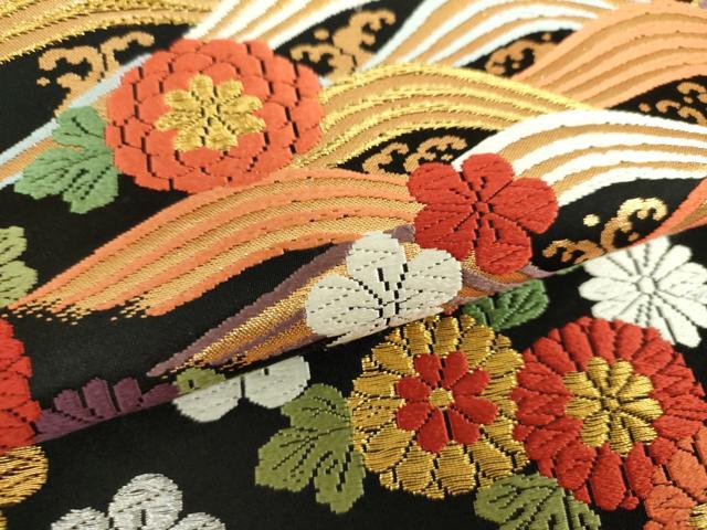 平和屋着物○六通柄袋帯 唐織 流水花文 黒地 金銀糸 正絹