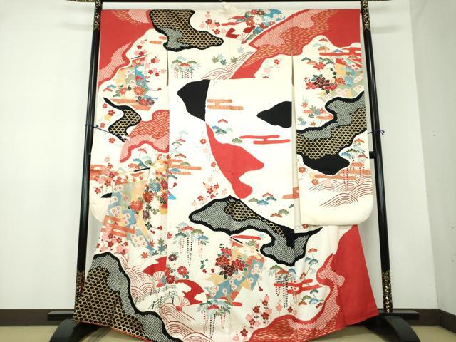 平和屋着物●豪華振袖　絞り　渡橋風景　几帳花文　金彩　正絹　逸品　DAAX4397ps