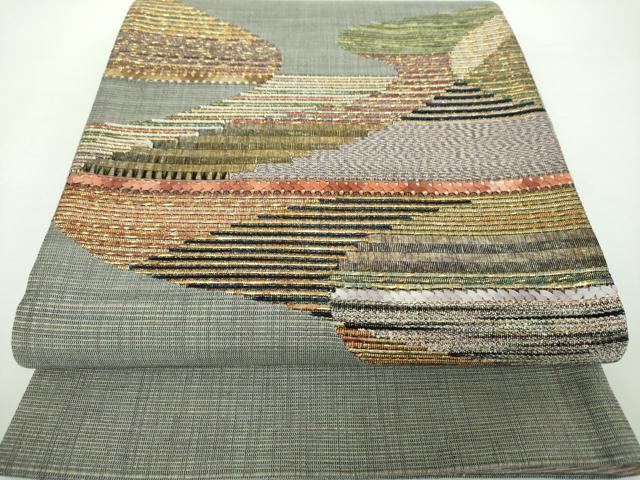 平和屋着物●両面　太鼓柄袋帯　紬地　横段文　金糸　正絹　逸品　DAAX4530ps