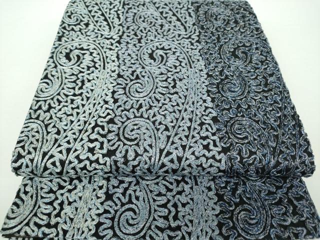 平和屋着物●染織デザイナー　堀口無月 　MUGETSU　チュール織　全通柄袋帯　変わり間道　黒地　金糸　正絹　逸品　DAAX4550ps