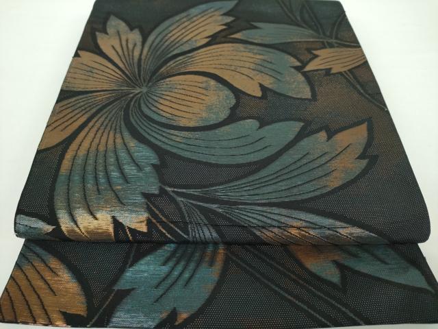 平和屋着物●桝屋高尾　六通柄　本袋帯　草花文　黒地　金糸　正絹　逸品　DAAX4561ps