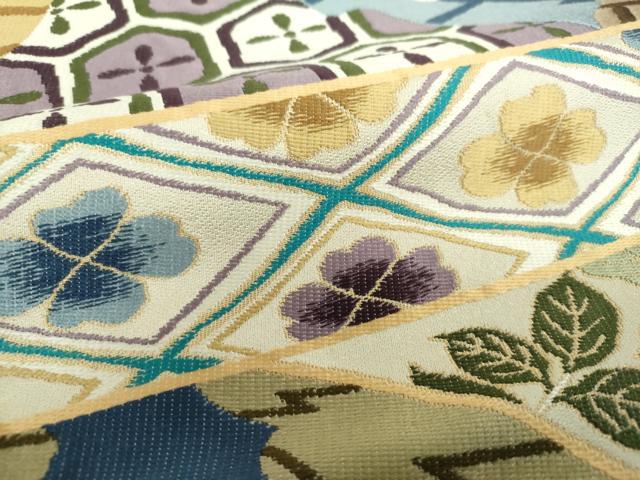 平和屋着物○西陣 白綾苑大庭 六通柄袋帯 扇面花文