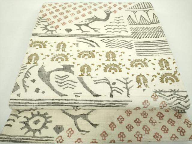 平和屋着物●六通柄袋帯　生紬　花鳥文　正絹　逸品　DAAX4571ps