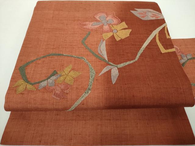 平和屋着物●中国三大刺繍　総相良刺繍　総刺繍　九寸名古屋帯　紬地　枝花文　正絹　逸品　DAAX4602ps