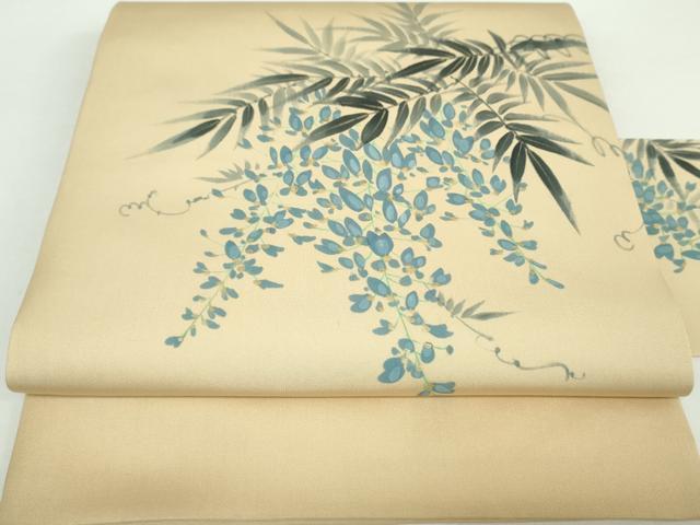 平和屋着物●塩瀬　九寸名古屋帯　手描き　藤花房　金彩　正絹　逸品　DAAX4614ps