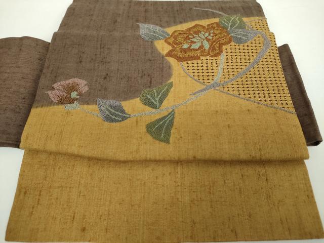 平和屋着物●中国三大刺繍　スワトウ相良刺繍　汕頭相良刺繍　総刺繍　つけ帯　紬地　枝花文　正絹　逸品　未使用　DAAX4639ps