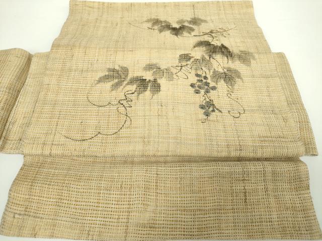 平和屋着物＊夏物　つけ帯　手描き　葡萄蔦の葉文　麻　逸品　DAAX4641ps