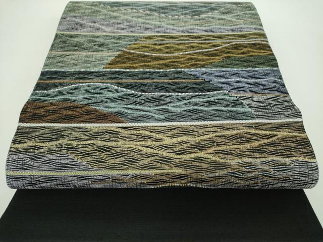 平和屋着物●両面　太鼓柄袋帯　紬地　波霞　黒地　金糸　健勝苑扱い　正絹　逸品　未使用　DAAX4748ps